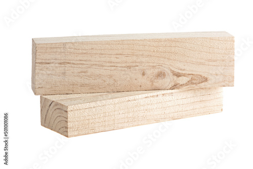 Wooden bar isolated on a white background, front view. wooden block board Pine wooden beam.