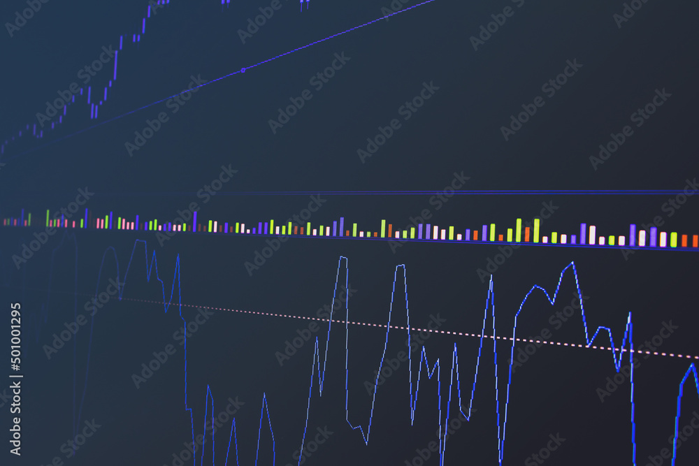 Naklejka premium Economic theme background with financial data, market chart on screen. Soft focus