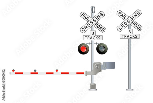 Road signs and railroad crossing barriers are used in the United States.traffic light, Railway barriers close isolated on white background, design concept for start up, business solutions,
