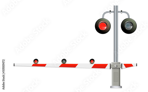 Road signs and railroad crossing barriers are used in the United States.traffic light, Railway barriers close isolated on white background, design concept for start up, business solutions,