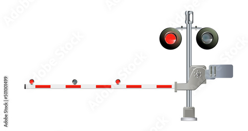 Road signs and railroad crossing barriers are used in the United States.traffic light, Railway barriers close isolated on white background, design concept for start up, business solutions,