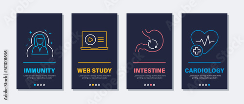 Health care vector vertical banners on black. Medical onboarding templates with neon icons