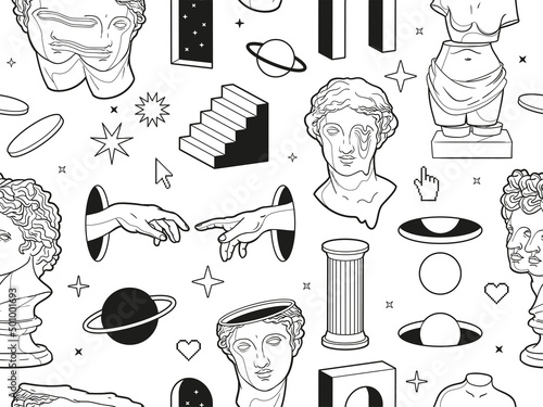 Greek ancient statues and surreal elements in trendy psychedelic weird style. Seamless vector pattern.