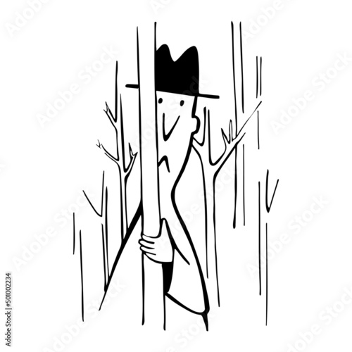 Man in hat as detective behind tree in the forest in black and white drawing for art
