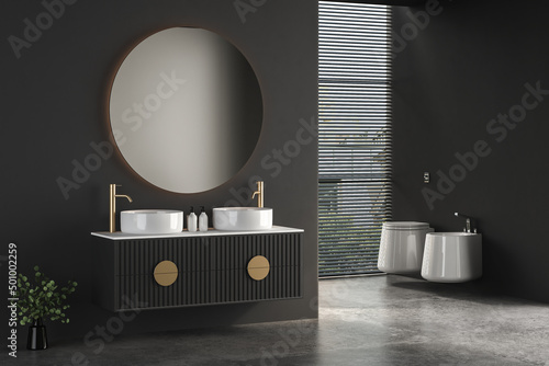 Modern minimalist bathroom interior, modern bathroom cabinet, double sink, interior plants, bathroom accessories, bathtub and toilet . 3d rendering 