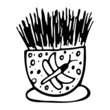 Hand drawn single cute doodle grass in a flower pot. Vector illustration.