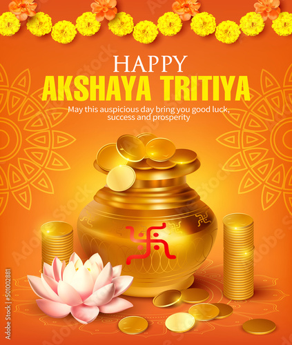 Greeting card with gold pot (kalash) and coins for Indian festival Akshya Tritiya. Vector illustration. photo