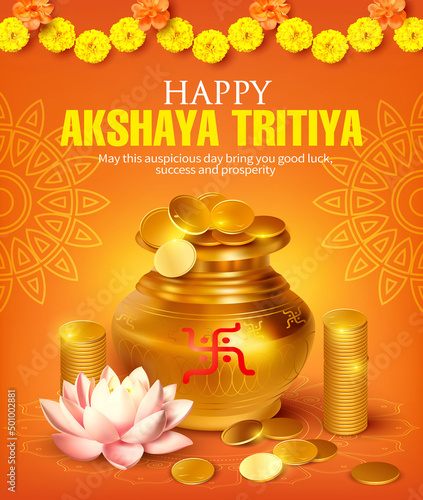 Greeting card with gold pot (kalash) and coins for Indian festival Akshya Tritiya. Vector illustration.