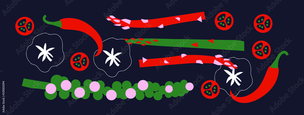 Fototapeta premium Abstract appetizing Vegetables collection. Decorative abstract horizontal banner with colorful doodles. Hand-drawn modern illustrations with Vegetables, abstract elements. Broccoli, pepper slice