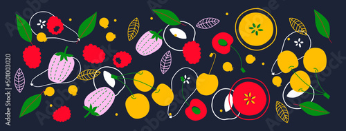 Appetizing fruit and berries collection. Decorative abstract horizontal banner with colorful doodles. Hand-drawn modern illustrations with fruit and berries, abstract elements. Abstract series