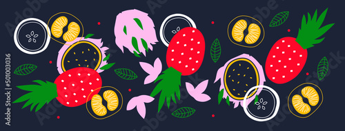 Cute appetizing fruit and berries collection. Decorative abstract horizontal banner with colorful doodles. Hand-drawn modern illustrations with fruit and berries, abstract elements. Abstract series