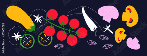 Abstract appetizing Vegetables collection. Decorative abstract horizontal banner with colorful doodles. Hand-drawn modern illustrations with Vegetables, abstract elements. Tomato, peas, ect.