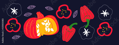 Abstract appetizing Vegetables collection. Decorative abstract horizontal banner with colorful doodles. Hand-drawn modern illustrations with Vegetables, abstract elements. Pepper, pumpkin, ect