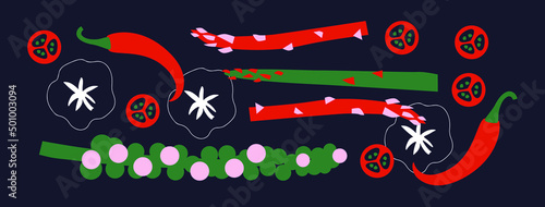 Abstract appetizing Vegetables collection. Decorative abstract horizontal banner with colorful doodles. Hand-drawn modern illustrations with Vegetables, abstract elements. Broccoli, pepper slice