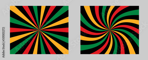 Solar explosion Sun Burst Effect. Vector pattern with burst set of 2 sun rays backgrounds in traditional African colors - red, green, yellow, black. Background set for Black History Month, Juneteenth.