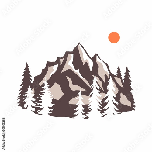 Mountain Outdoor graphic print, design templates. 
Mountain and landscape vector  vintage background. Retro illustration