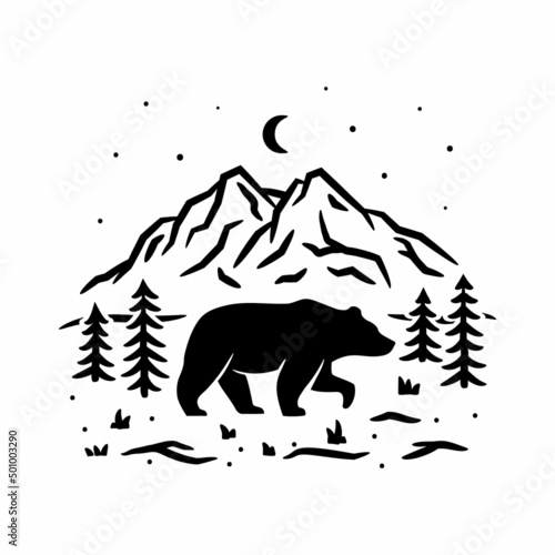 Hiking t-shirt black print with bear and mountains - explore the outdoors. Bear in nature for your design, wildlife concept. 
