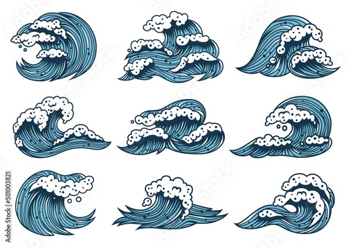 Waves set, marine nautical sea or ocean wave collection for design