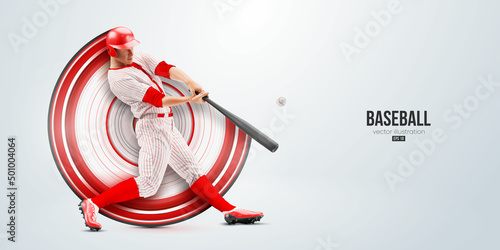 Realistic silhouette of a baseball player on white background. Baseball player batter hits the ball. Vector illustration