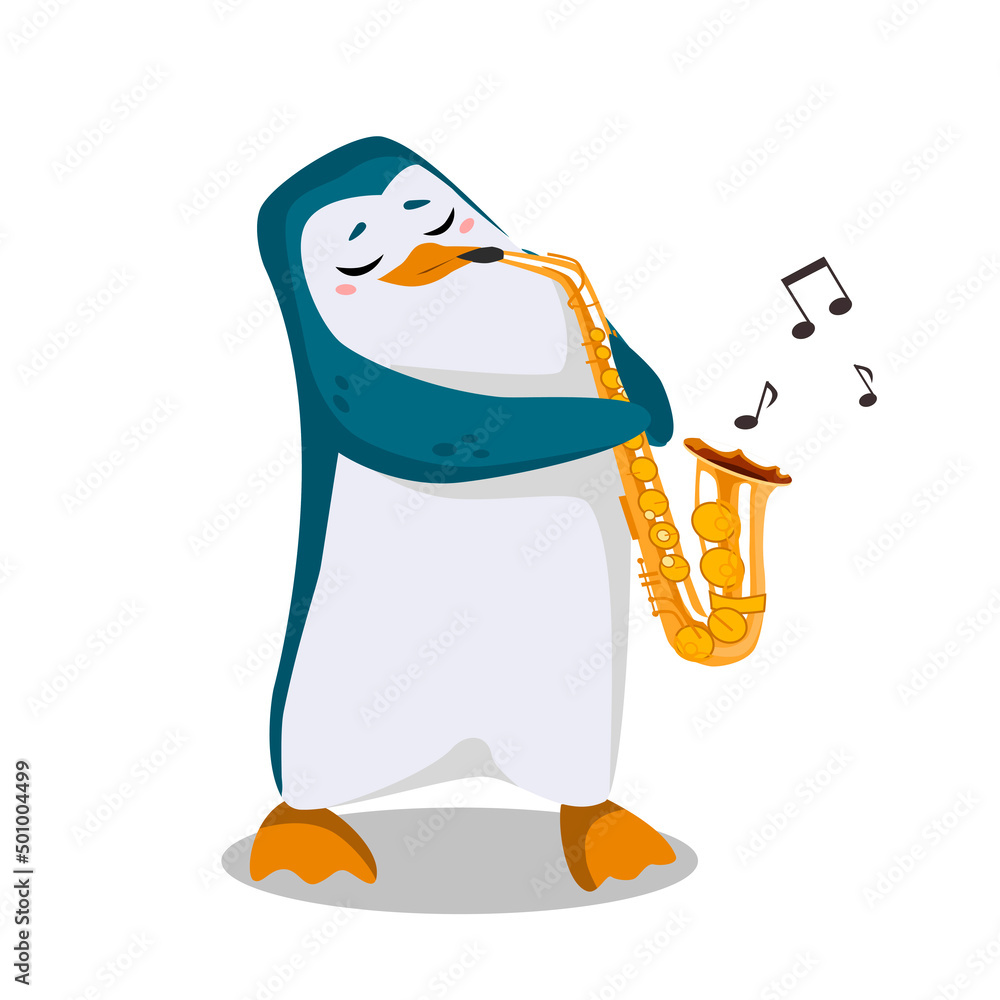 Obraz premium Penguin plays the saxophone. Cute character in cartoon style.