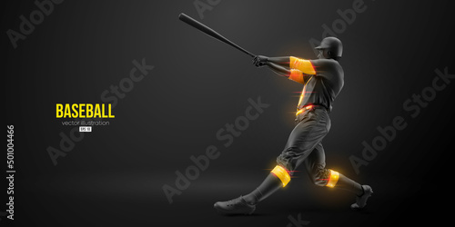 Abstract silhouette of a baseball player on black background. Realistic baseball player batter hits the ball. Vector illustration