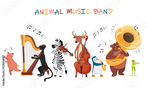 Vector music animals music band characters. Cute cartoon animals playing music.