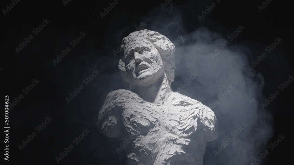 A white statue of a man. A close-up shot on a black background.