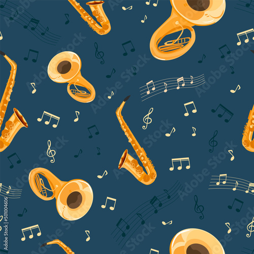 Seamless pattern with musical instruments on a dark blue background. Saxophone, big trumpet, sheet music.