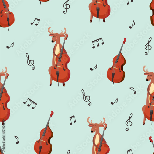 Seamless pattern with the deer plays the double bass on a blue background.