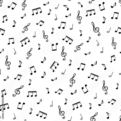Seamless pattern with musical notes on a white background.