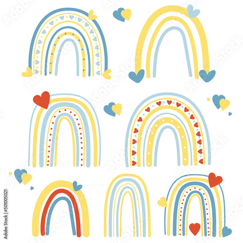 Collection of yellow and blue decorative rainbows with hearts in colors of Ukrainian flag. Vector illustration in scandinavian style. For design, decoration, packaging and decoration, wallpaper, print