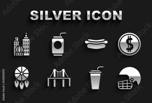 Set Golden gate bridge, Coin money with dollar, American football helmet, Paper glass straw, Dream catcher feathers, Hotdog sandwich, City landscape and Soda icon. Vector