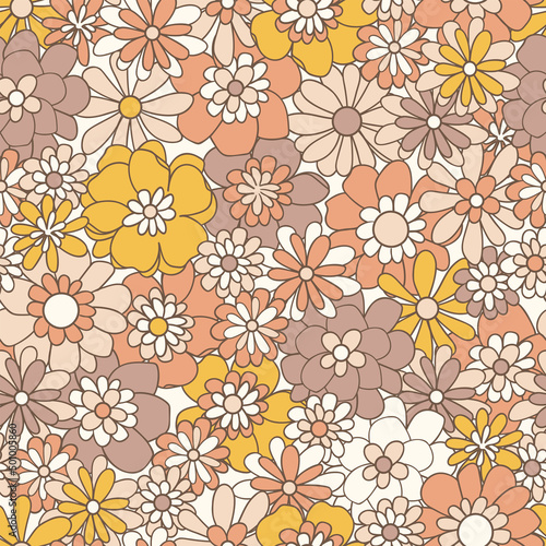 Boho vector background. Floral vintage seamless pattern. Hippie flower power retro textile print. Groovy botanical wallpaper