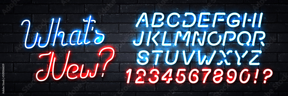Vector realistic isolated neon sign of What's New logo with easy to change color alphabet font on the wall background. Vector realistic isolated neon sign of What's New logo with easy to change color alphabet font on the wall background.