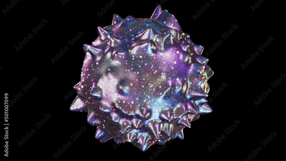 Realistic looping 3D animation of the abstract morphing liquid silver iridescent metal spiky form covered with colorful shining glittering confetti rendered in UHD with alpha matte Realistic looping 3D animation of the abstract morphing liquid silver iridescent metal spiky form covered with colorful shining glittering confetti rendered in UHD with alpha matte
