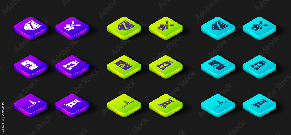 Set Medieval flag, Castle tower, castle gate, Princess, Windmill and Shield icon. Vector Set Medieval flag, Castle tower, castle gate, Princess, Windmill and Shield icon. Vector