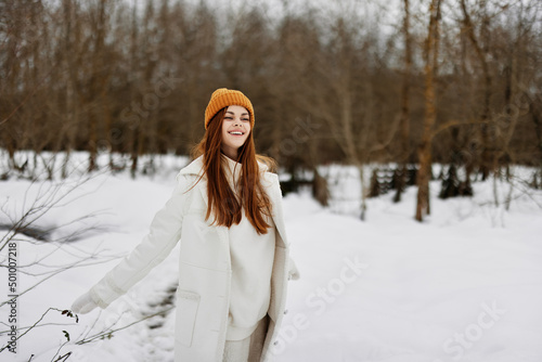 woman Walk in winter field landscape outdoor entertainment winter holidays