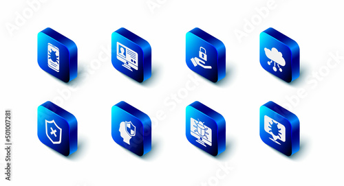 Set Create account screen, Lock in hand, Internet of things, System bug, on monitor, Head with shield, Shield cross mark and mobile icon. Vector