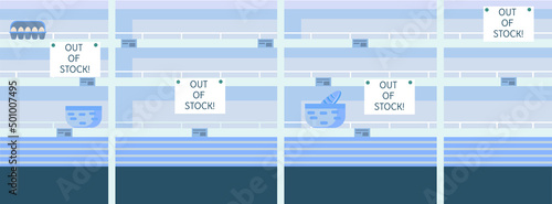 The interior of a supermarket with empty shelves. Food crisis. Food shortages and rising prices. Vector horizontal web banner.