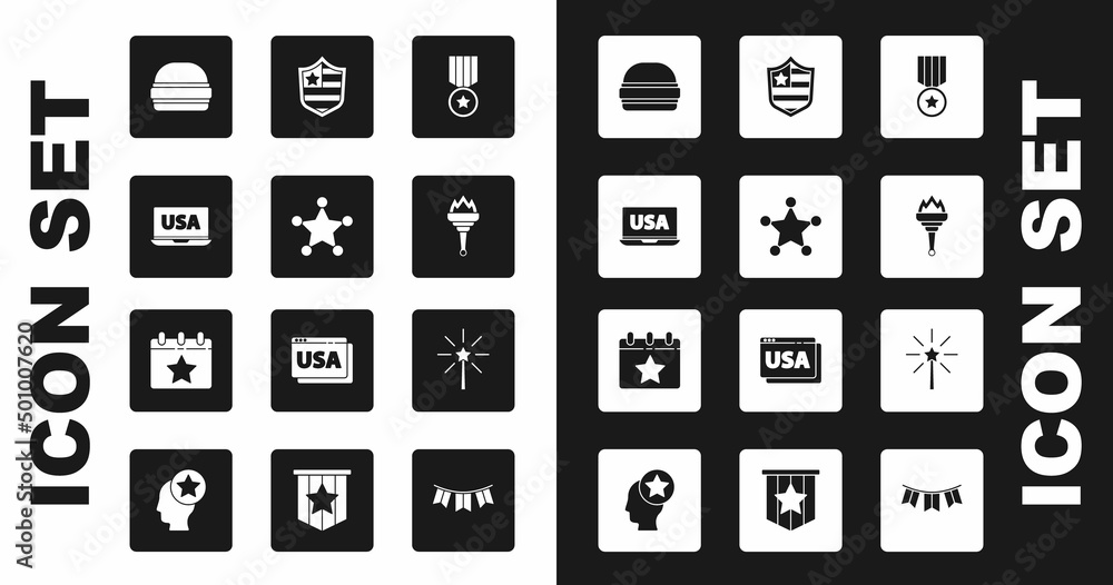 Set Medal with star, Hexagram sheriff, USA on laptop, Burger, Torch flame, Shield stars, Firework and Calendar date July 4 icon. Vector Set Medal with star, Hexagram sheriff, USA on laptop, Burger, Torch flame, Shield stars, Firework and Calendar date July 4 icon. Vector