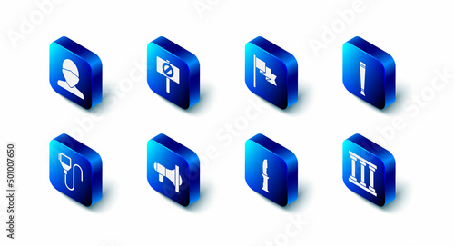 Set Protest, Location marker, Police rubber baton, Prison window, Military knife, Megaphone, Walkie talkie and Vandal icon. Vector