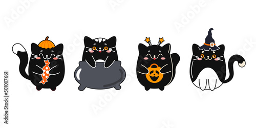 Vector set with cute black cats for Halloween. The characters are cats in different poses. Pet cats for holiday stickers, prints, holiday cards, banners and posters.