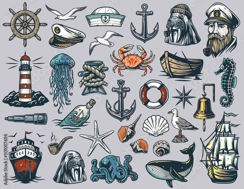 Nautical ocean lighthouse and walrus, sea marine anchor and captain cap, sealife with shellfish, kraken, ship and helm