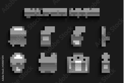 Set Gas mask, Police rubber baton, Hand grenade, assault shield, Special forces soldier, and icon. Vector