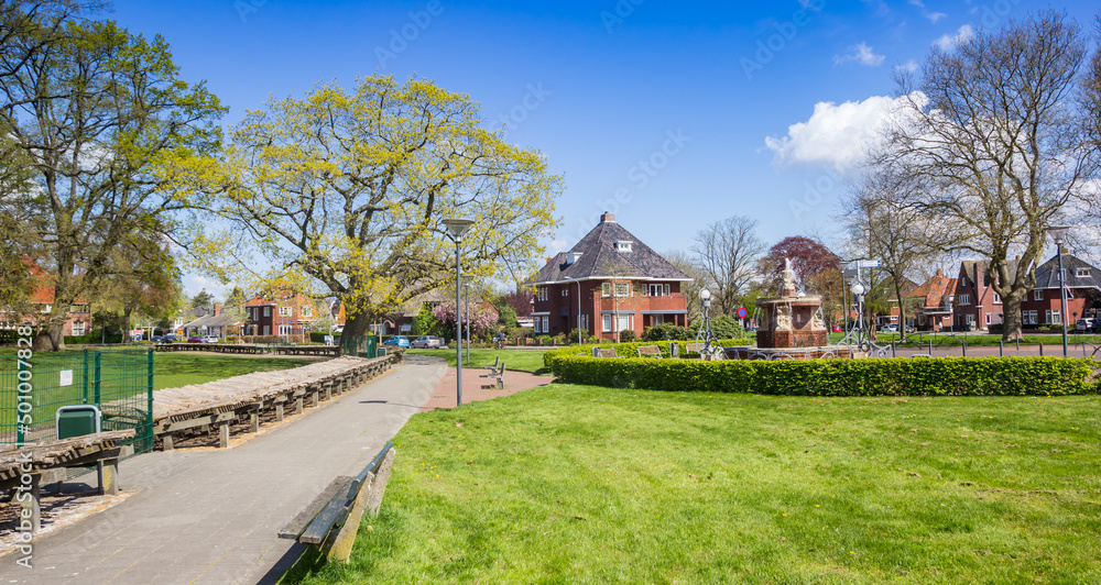 Panorama of a footpath in the park in Veendam, Netherlands
