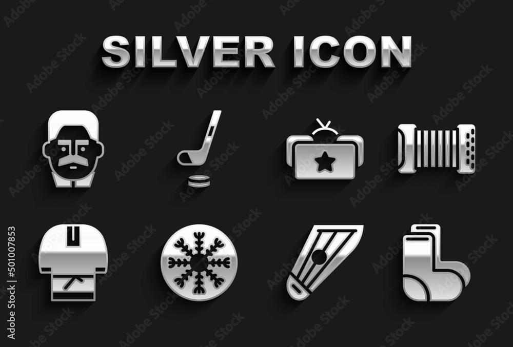 Set Snowflake, Accordion, Valenki, Kankles, Kosovorotka, Ushanka, Joseph Stalin and Ice hockey stick and puck icon. Vector Set Snowflake, Accordion, Valenki, Kankles, Kosovorotka, Ushanka, Joseph Stalin and Ice hockey stick and puck icon. Vector