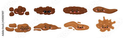 Cute poop excrement character for bristol scale chart feces. Different type constipation baby poo - hard, soft, cracked, watery cartoon vector icon isolated. Flat design vector clip art illustration.