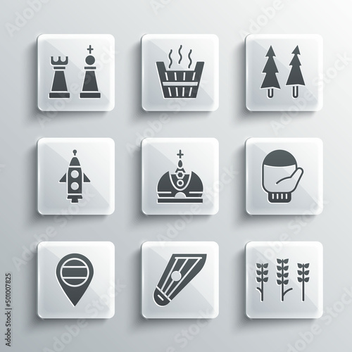 Set Kankles, Wheat, Christmas mitten, King crown, Location Russia, Rocket ship, Chess and tree icon. Vector