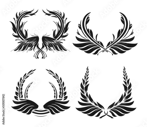 Fototapeta Naklejka Na Ścianę i Meble -  Set of four laurel wreath and wing silhouettes. Collection of award or victory signs. Heraldry emblem. Black color. Vector  illustration.