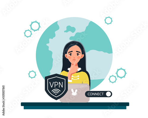A young woman uses a VPN on her computer. The concept of a VPN service. Secure online connection and protection. Vector illustration